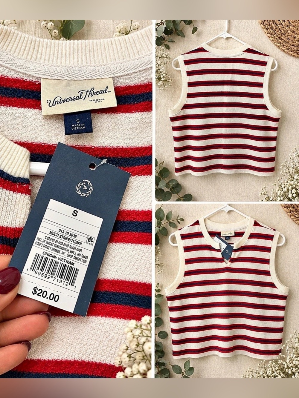 Universal Thread Multi Stripe Tank Top Cream & Red Size Small